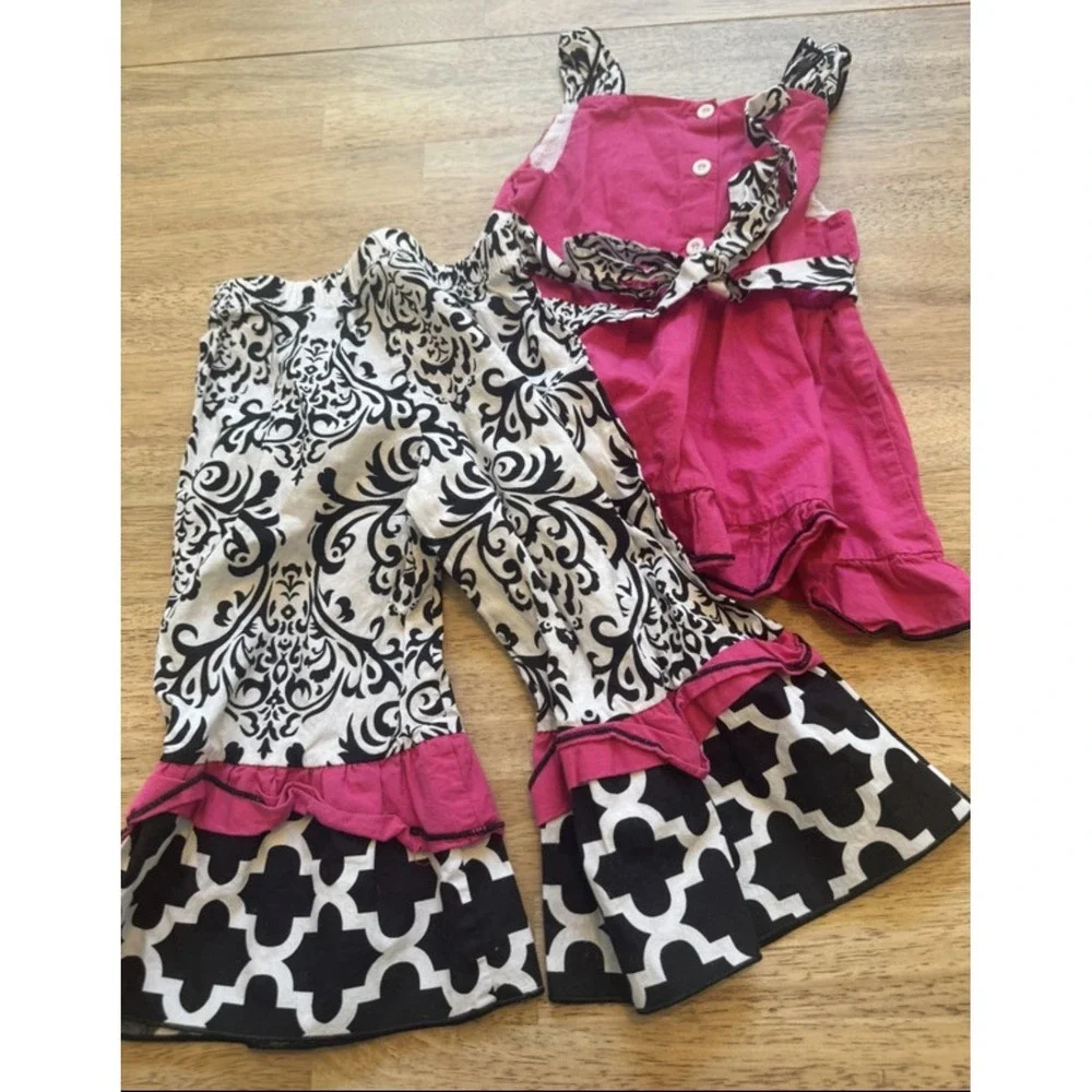 Ann Loren Girls Pink Black 4 5 Summer Swing top Flare Ruffle Cropped Pants Set